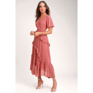 Lulus Next To You Rusty Rose Swiss Dot Ruffled Midi Dress Pink - Size M